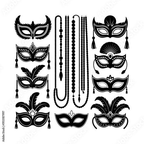 Masquerade Masks and Beads Silhouette Set. Venetian Carnival Masks with Feathers and Mardi Gras Necklaces. Black Decorative Party Vector Collection.