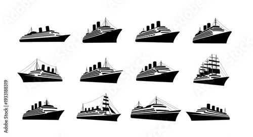 Collection of various cruise ships and vessels in black and white silhouette style.