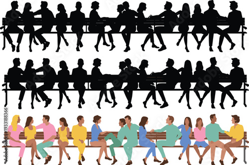 Silhouettes and colorful people sitting on benches, diverse group social interaction, holding hands, talking, identity perception concept illustration, flat vector
