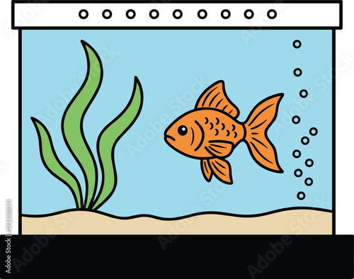 Cartoon fish tank illustration with orange fish, aquatic plants, bubbles, and clean water, aquarium artwork symbolizing pet care, aquatic life, and underwater design projects.