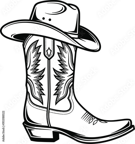 Black and white cowboy boot with decorative stitching and wide‑brimmed cowboy hat illustration symbolizing Western culture, rodeo and country lifestyle vector art