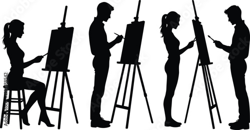Silhouettes of artists painting and drawing on easels, creative art studio class illustration, diverse people artistic expression concept design, flat vector