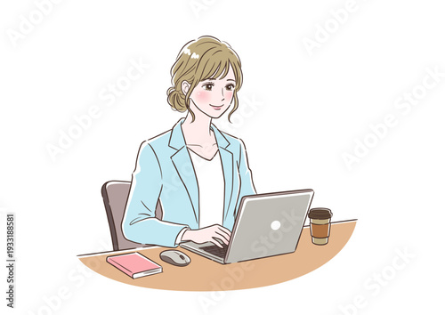 デスクワークをする女性１右向き