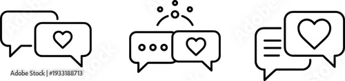 Social media chat bubbles with heart line icons, online communication message feedback and notification vector illustration set