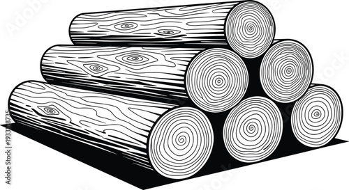 Stack of cylindrical logs illustration with wood grain texture and concentric rings, forestry artwork symbolizing natural resources, construction, timber industry, and environmental design projects.