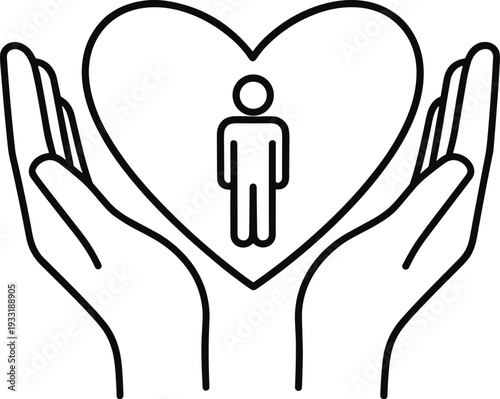 Human protection and care line icon, hands holding person in heart shape, charity insurance support vector illustration