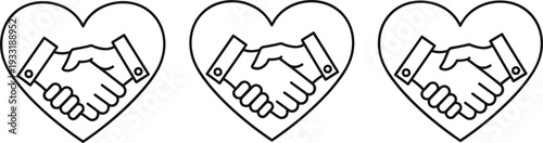 Handshake in heart line icons set, partnership agreement love and trust business collaboration outline vector illustration collection