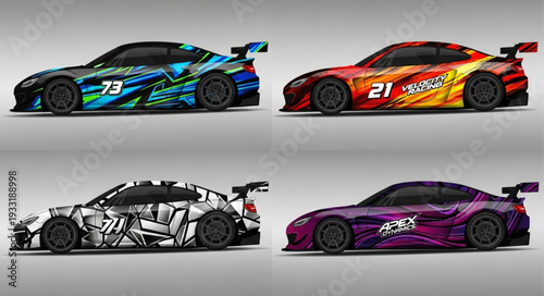 Four high-performance sports cars with dynamic and colorful racing liveries, ready to compete.