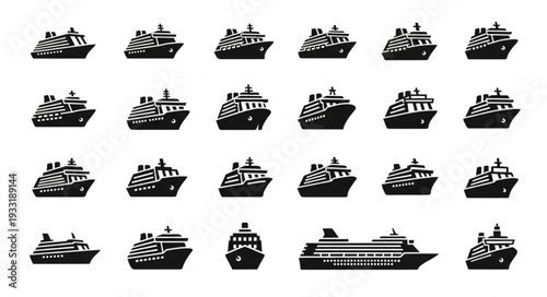 Collection of cruise ship illustrations in various perspectives and designs for maritime themes.