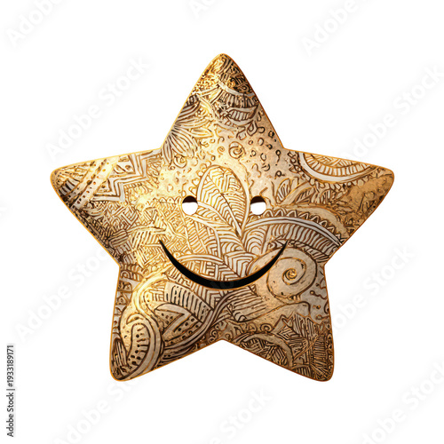 A smiling star with intricate designs on transparent background