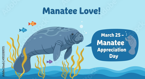 Manatee swimming with fish on Manatee Appreciation Day