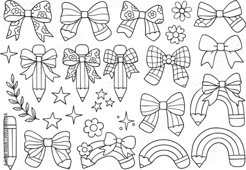 Coquette pencil bow digital stamp, kids coloring page, Barbecue party digital stamp clipart set