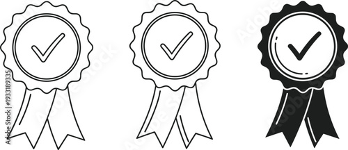 Quality guarantee badge with check mark line icons, certified award ribbon seal approval vector illustration set