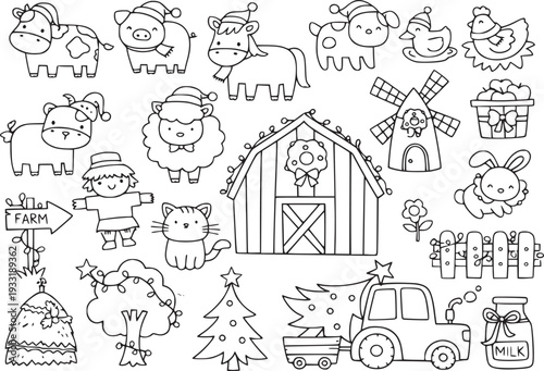 Doodle christmas farm digital stamp, kids coloring page, Barbecue party digital stamp clipart set
