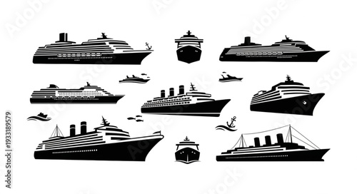Collection of various cruise ships and vessels in silhouette style for travel and tourism.