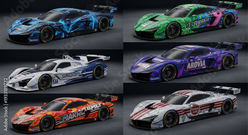 Collection of Six High-Performance Race Cars with Unique Colorful Designs.