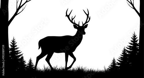 Silhouette of Deer with Antlers.