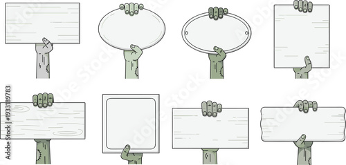 Wooden Signboard Vector Set Held by Zombie Hands Spooky Halloween Blank Rustic Banner Collection