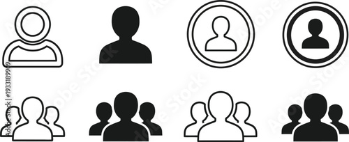 User profile and people icons used for personal information symbols, avatars, and member pictograms. 