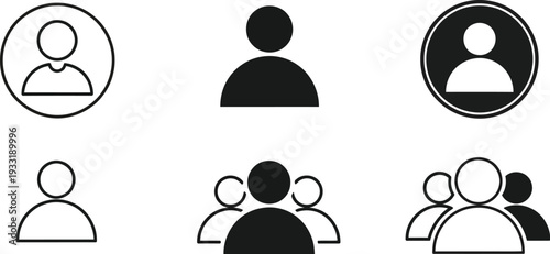 User profile and people icons used for personal information symbols, avatars, and member pictograms. 