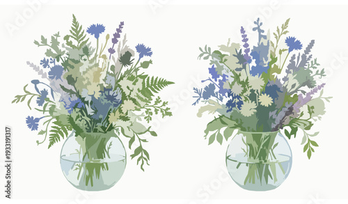 Romantic Watercolor Wildflower Bouquet in Vase Rural Meadow Botanical Vector Isolated on White