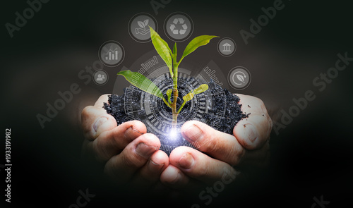 Hand holding soil and young plant green globe environmental esg icon circulating in the human hands. Environment social governance to sustainable development in business and ecology concept