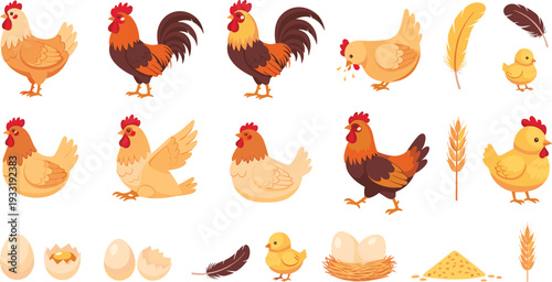 Chicken and Rooster Farm Collection with Hen Chicks Eggs Feathers and Wheat Cartoon Vector Set