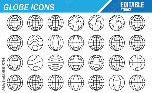 Globe Icons Editable Stroke Vector Set – World Map Grid, Global Network, International Communication, Earth Symbol, Worldwide Business and Internet Outline Collection