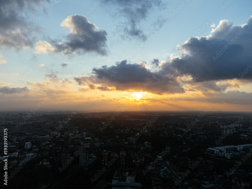 Fototapeta premium Drone flight at sunset above the Zemum district, Belgrade, Serbia, Europe.