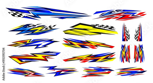Collection of dynamic racing car decals with various color schemes and designs.