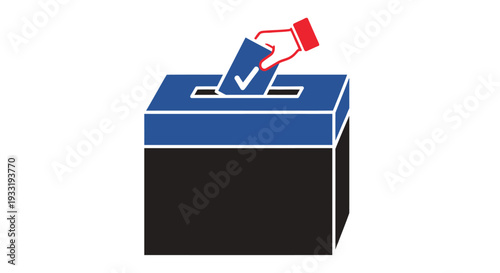 A hand dropping a ballot into a blue and black voting box