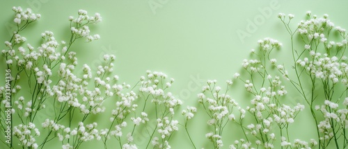 Floral Arrangement on a Light Green Background With Small White Flowers and E...