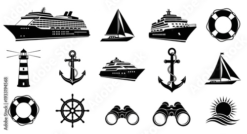 Collection of nautical themed illustrations featuring ships, anchors, and maritime elements.
