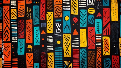 Colorful Geometric Patterns in Bright Hues Arranged on Dark Background
