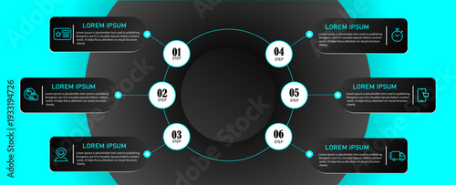 Business diagram with 6 circular steps – Modern vector for workflow layout, diagram, report, web design – Business concept connected steps, timeline infographic design element and numbering with icon