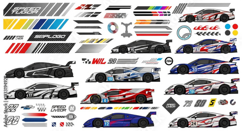 Racing car graphics and design elements for automotive industry.