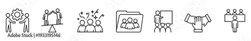 Teamwork collaboration meeting leadership brainstorming communication presentation conference line icon set showing people cooperating, balancing tasks, sharing ideas, video call, group support