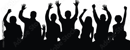Silhouette illustration of diverse group of people raising hands in celebration, unity, activism, community engagement, teamwork, and collective participation at public gathering or event