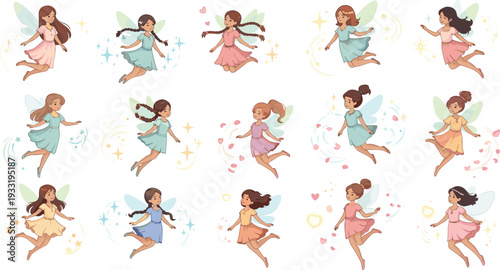 Cute Fairy Girls Vector Set with Magic Sparkles Wings and Pastel Fantasy Characters Collection