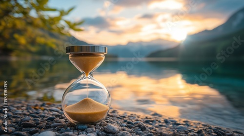 Sand Timer Placed on Stones Near Lake During Sunset With Mountains in Background