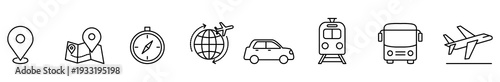 Travel transportation icon location map compass globe airplane set in thin line style, includes car train bus and pin symbols for navigation, route planning, tourism design