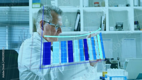 Senior lab scientist reaching vial and pouring yellow liquid with pipet, holo chart rising for data