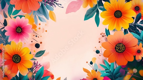 Colorful Flowers Frame a Blank Space on a Soft Background in a Bright Design