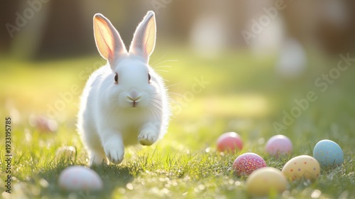 Rabbit Runs Among Colorful Eggs in a Grassy Field During Springtime