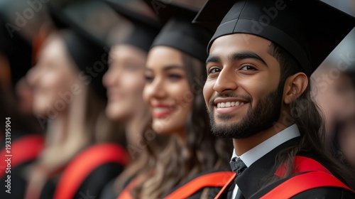 Graduate Smiles During Ceremony in Auditorium With Classmates in Caps and Gowns