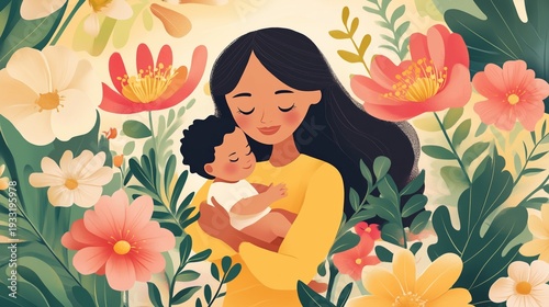 Mother Holds Her Baby Surrounded by Flowers in a Colorful Garden Setting