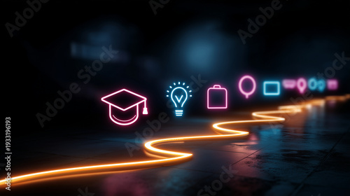 Educational path and career development growth visualization with neon icons for study, idea, graduation and success representing learning to success journey, educational progressi