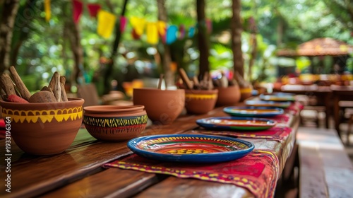 Colorful Outdoor Table Setting With Flowers and Decorations in a Garden Durin...