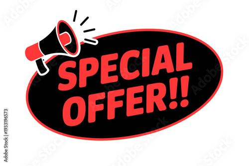 Special offer sign with megaphone on white background