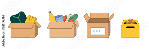 Donation boxes with various food items